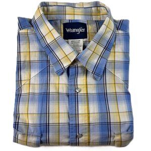 Wrangler Shirt Mens 3XL Blue Yellow Plaid Pearl Snap Western Short Sleeve Cotton